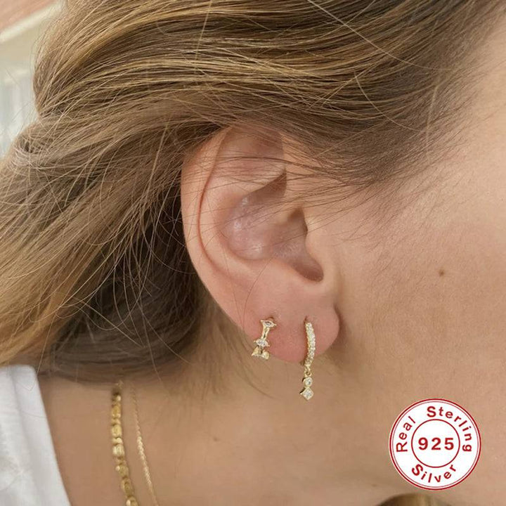 Pair of 925 Sterling Silver Gold PVD Diamond Minimal Hoop Earrings with CZ Dangles - Pierced Universe