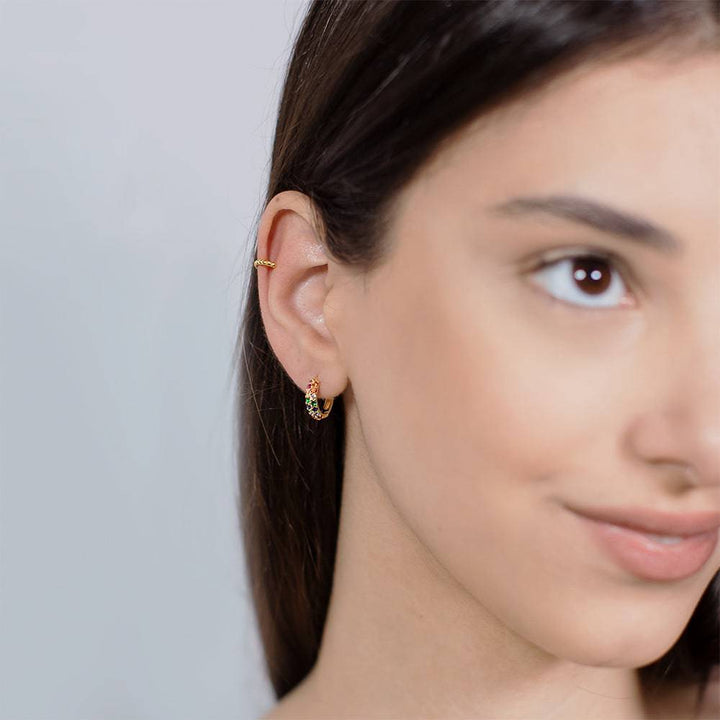 Pair of 925 Sterling Silver Gold PVD Minimal Women's Double Row Rainbow CZ Hinged Clicker Hoop Earrings - Pierced Universe
