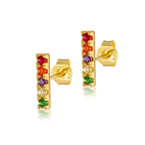 Pair Of 925 Sterling Silver Gold PVD Multi-Colour CZ Line Minimal Stud Earrings - Pierced Universe