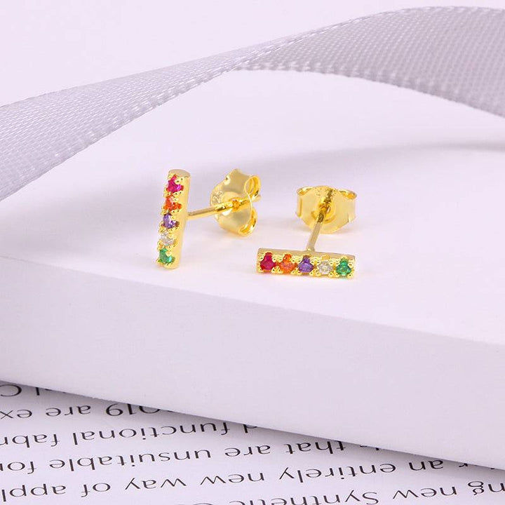 Pair Of 925 Sterling Silver Gold PVD Multi-Colour CZ Line Minimal Stud Earrings - Pierced Universe