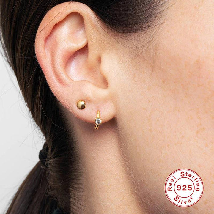 Pair Of 925 Sterling Silver Gold PVD Simple White Circle CZ Bezel Gem Minimal Hoop Earrings - Pierced Universe