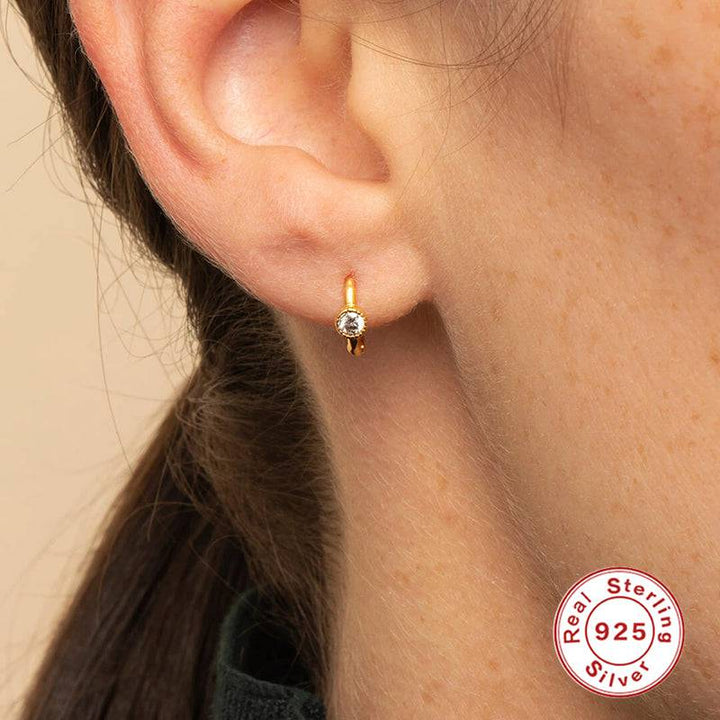 Pair Of 925 Sterling Silver Gold PVD Simple White Circle CZ Bezel Gem Minimal Hoop Earrings - Pierced Universe