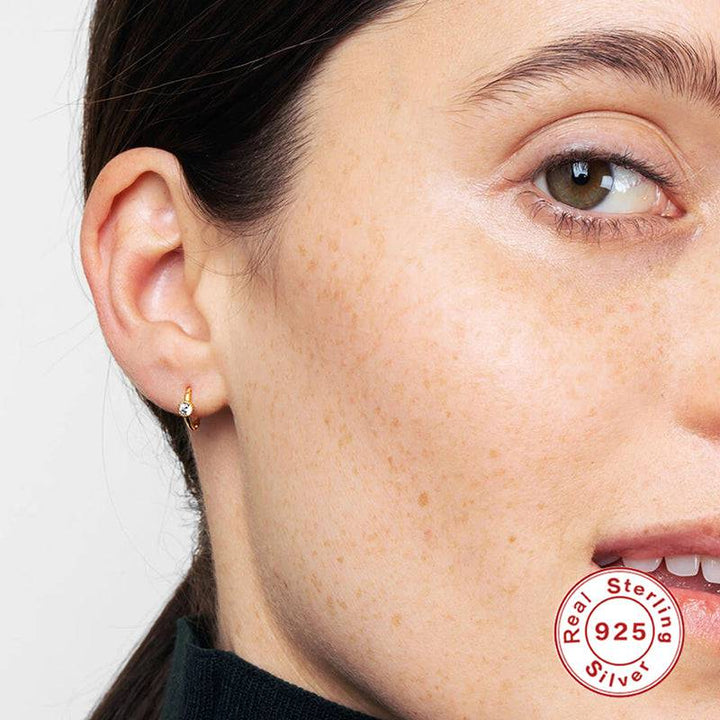 Pair Of 925 Sterling Silver Gold PVD Simple White Circle CZ Bezel Gem Minimal Hoop Earrings - Pierced Universe
