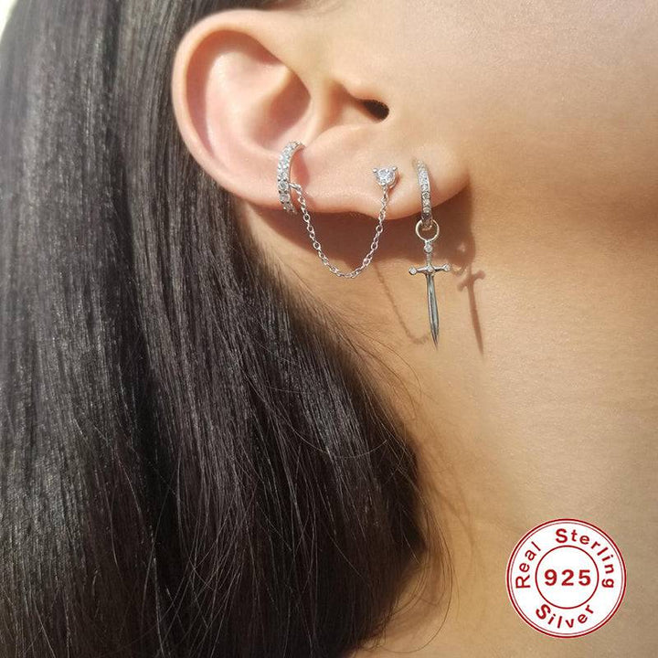 Pair Of 925 Sterling Silver Gold PVD White CZ Dagger Dangle Minimal Hoop Earrings - Pierced Universe