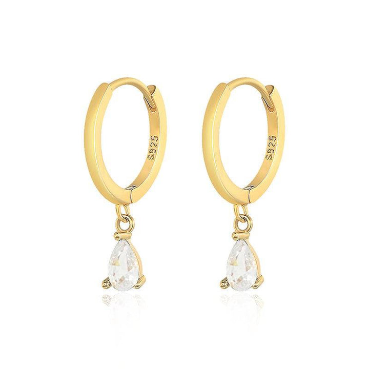 Pair Of 925 Sterling Silver Gold PVD White CZ Teardrop Dangle Minimal Hoop Earrings - Pierced Universe