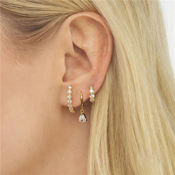 Pair Of 925 Sterling Silver Gold PVD White CZ Teardrop Dangle Minimal Hoop Earrings - Pierced Universe