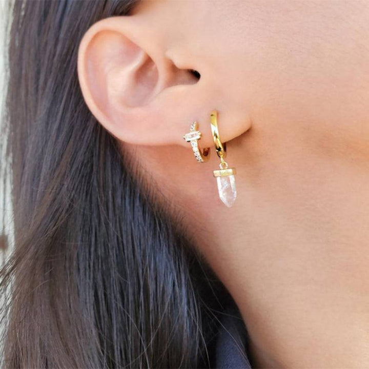 Pair Of 925 Sterling Silver Gold PVD White CZ With Baguette Gem Center Minimal Hoop Earrings - Pierced Universe