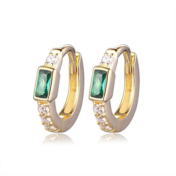 Pair Of 925 Sterling Silver Gold PVD White CZ With Green Bezel Baguette Gem Minimal Hoop Earrings - Pierced Universe