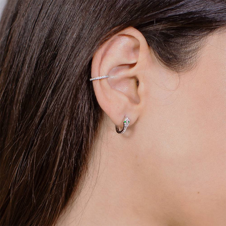 Pair of 925 Sterling Silver Minimal Gemmed Snake Hinged Huggy Bohemian Hoop Earrings - Pierced Universe
