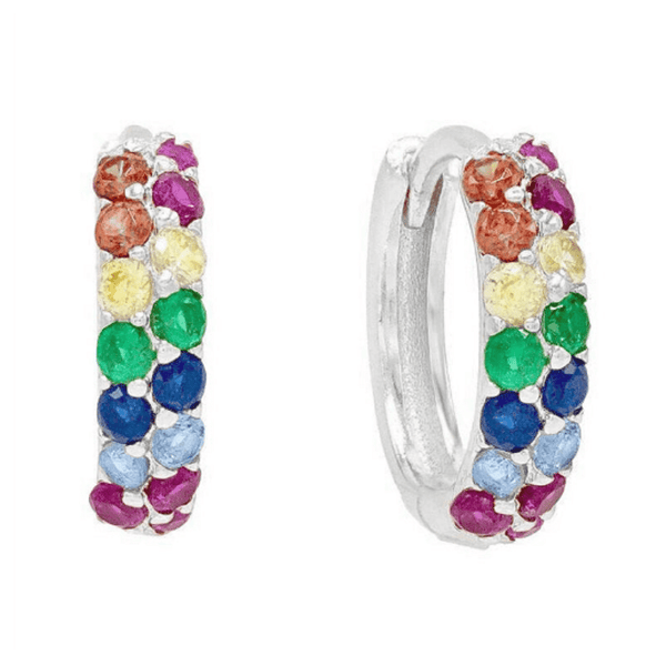 Pair of 925 Sterling Silver Minimal Women's Double Row Rainbow CZ Hinged Clicker Hoop Earrings - Pierced Universe