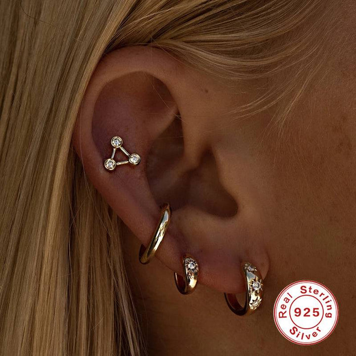 Pair Of 925 Sterling Silver White CZ Starburst Minimal Hoop Earrings - Pierced Universe
