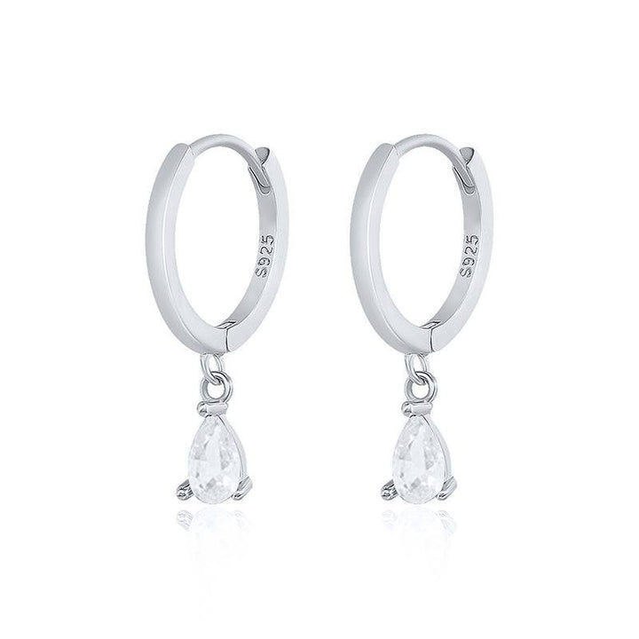 Pair Of 925 Sterling Silver White CZ Teardrop Dangle Minimal Hoop Earrings - Pierced Universe