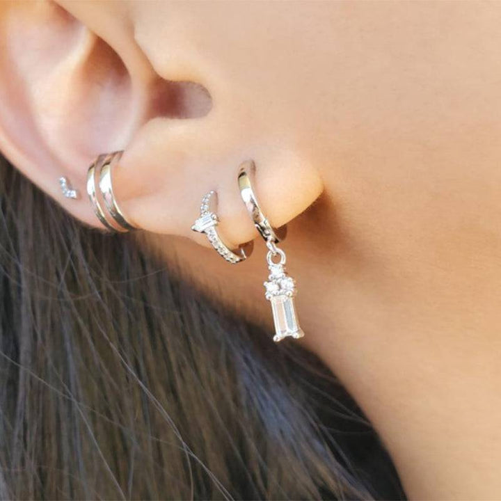 Pair Of 925 Sterling Silver White CZ With Baguette Gem Center Minimal Hoop Earrings - Pierced Universe