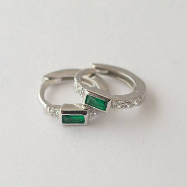 Pair Of 925 Sterling Silver White CZ With Green Bezel Baguette Gem Minimal Hoop Earrings - Pierced Universe