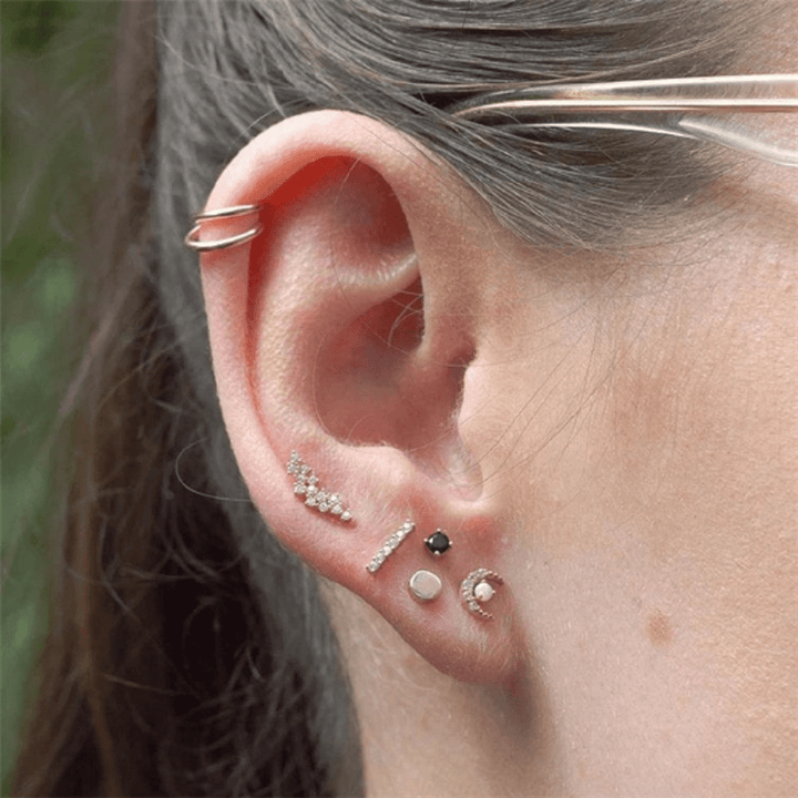 Pair of 925 Sterling Silver White Gold PVD Opal MOON Tiny Dainty Small Minimal Earrings - Pierced Universe
