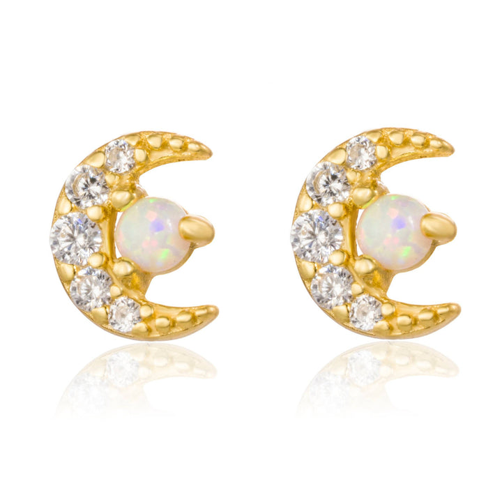 Pair of 925 Sterling Silver White Gold PVD Opal MOON Tiny Dainty Small Minimal Earrings - Pierced Universe
