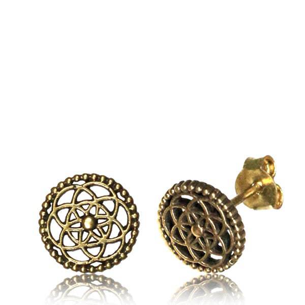 Pair of Brass Vintage Flower of Life Tribal Stud Earrings - Pierced Universe