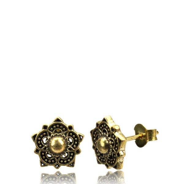 Pair of Brass Vintage Lotus Tribal Earring Studs - Pierced Universe