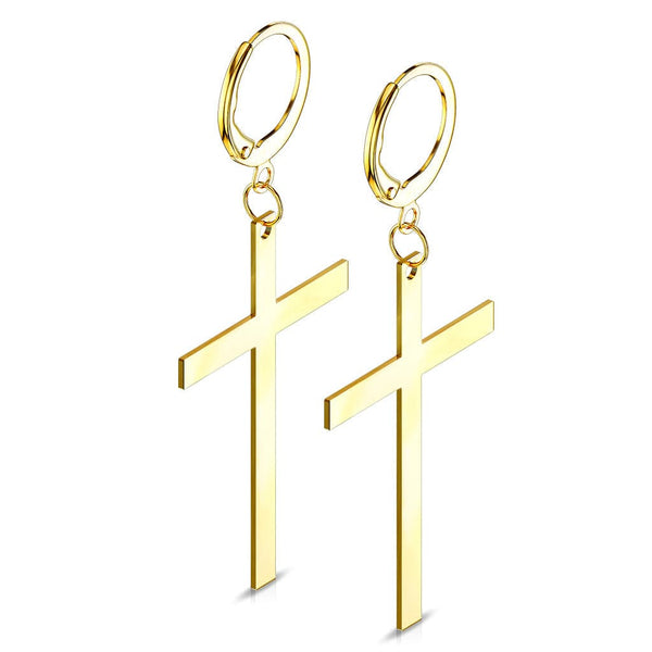 Pair of Gold Plated 316L Surgical Steel Large Dangling Cross Earring Hoops - Pierced Universe