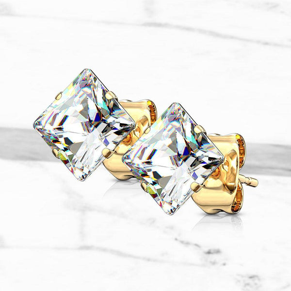 Pair of Gold Plated Surgical Steel Square Clear Prong Set Earring Studs - Pierced Universe
