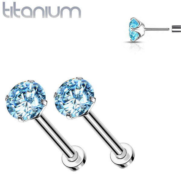 Pair of Implant Grade Titanium Threadless Aqua CZ Earring Studs with Flat Back - Pierced Universe