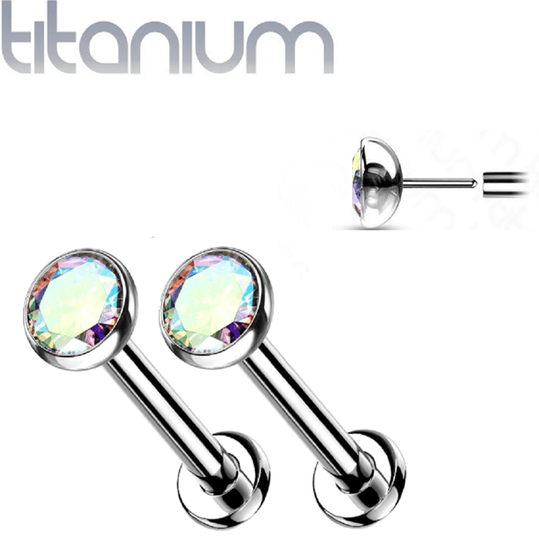 Pair of Implant Grade Titanium Threadless Stud Aurora Borealis Bezel Earrings with Flat Back - Pierced Universe