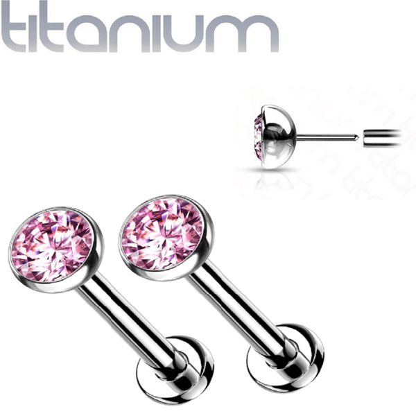 Pair of Implant Grade Titanium Threadless Stud Pink Bezel Earrings with Flat Back - Pierced Universe