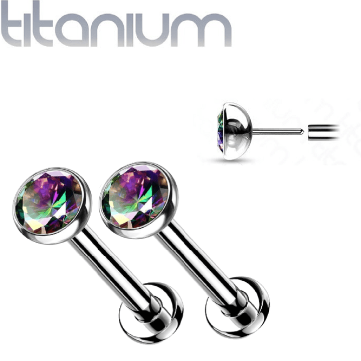 Pair of Implant Grade Titanium Threadless Stud Vitrail Medium Bezel Earrings with Flat Back - Pierced Universe