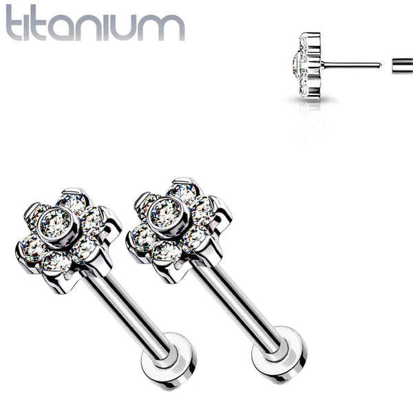 Pair of Implant Grade Titanium Threadless White CZ Flower Earring Studs with Flat Back - Pierced Universe