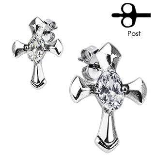 Pair of Stainless Steel White CZ Gem Cross Crucifix Earrings Studs - Pierced Universe