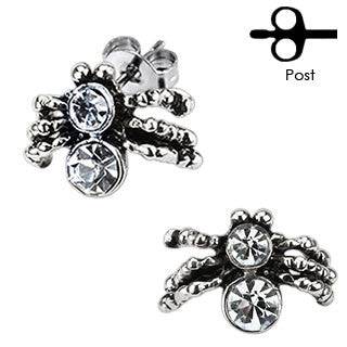 Pair of Stainless Steel White CZ Gem Spider Stud Earrings - Pierced Universe