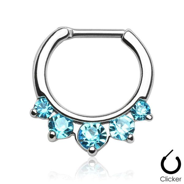 Prong Set 5 Gem Aqua CZ 316L Surgical Steel Bar Septum Ring Clicker - Pierced Universe