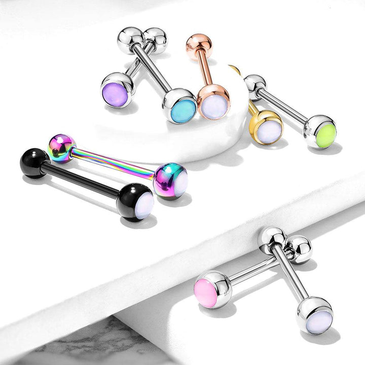 Rainbow Plated Surgical Steel White Gem Tongue Ring Straight Barbell - Pierced Universe