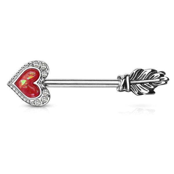 Red Opal Heart & Feather Arrow Surgical Steel Nipple Ring Barbell - Pierced Universe