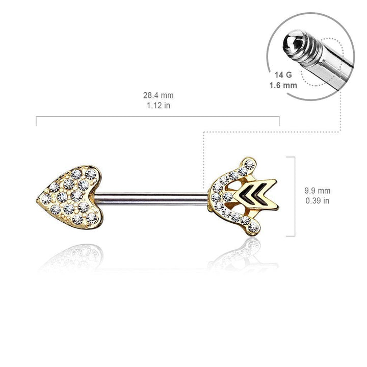 Rose Gold Plated Heart & Arrow CZ Nipple Ring Barbell - Pierced Universe