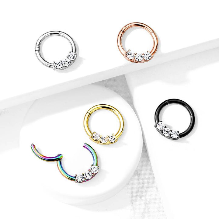 Rose Gold Plated Surgical Steel 3 Gem White CZ Hinged Septum Ring Clicker - Pierced Universe