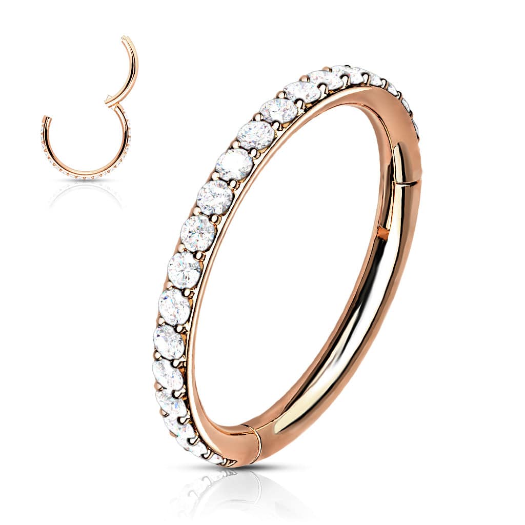 Rose Gold Plated Surgical Steel Easy Hinged CZ Pave Clicker Hoop ...
