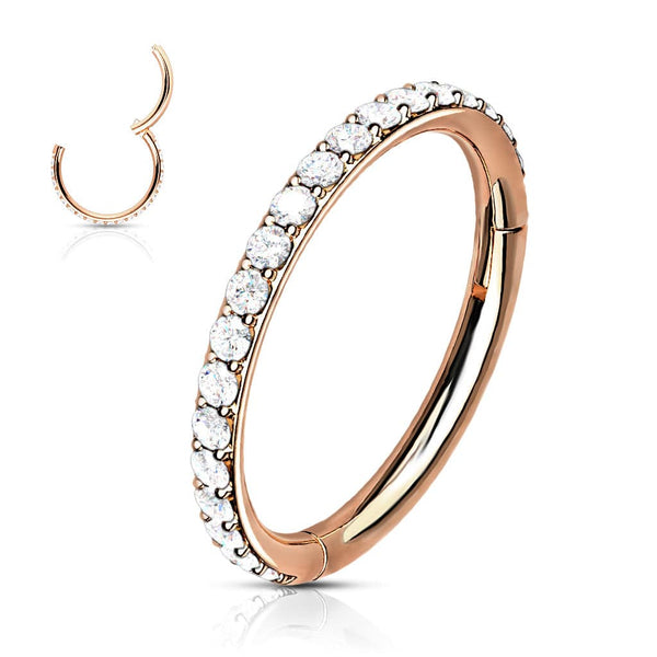 Rose Gold Plated Surgical Steel Easy Hinged CZ Pave Clicker Hoop - Pierced Universe