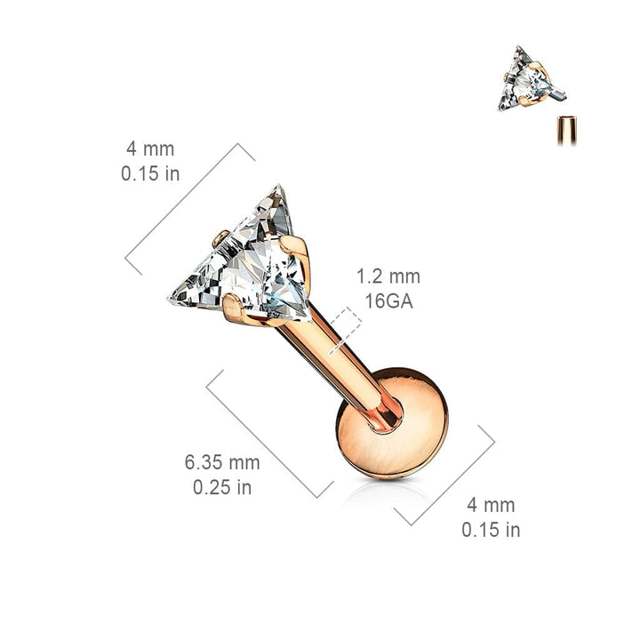 Rose Gold Plated Surgical Steel Triangle White CZ Internally Threaded Labret - Pierced Universe
