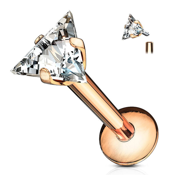 Rose Gold Plated Surgical Steel Triangle White CZ Internally Threaded Labret - Pierced Universe