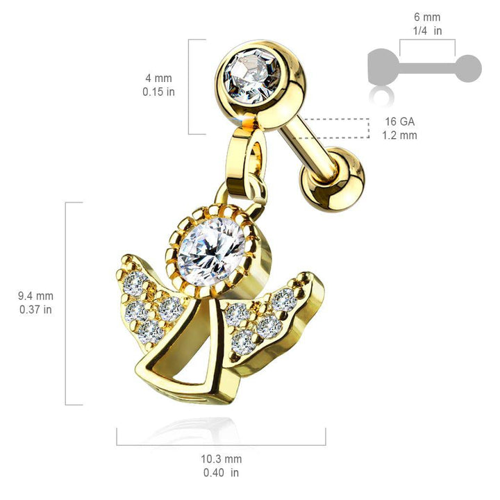 Rose Gold Plated Surgical Steel White CZ Dangling Angel Cartilage Ring - Pierced Universe