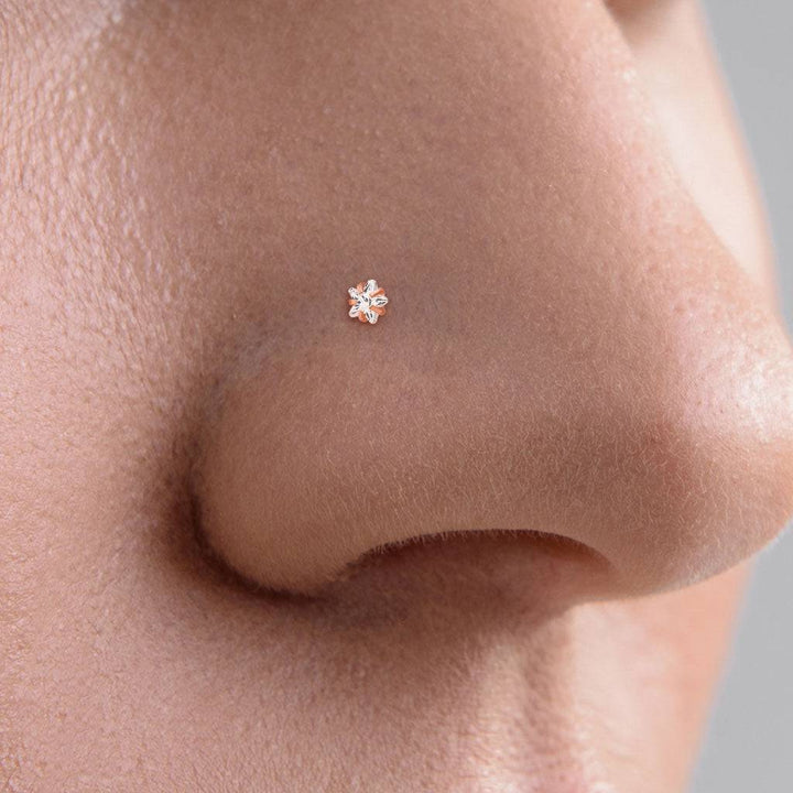 Rose Gold Plated Surgical Steel White CZ Star Corkscrew Nose Ring Stud - Pierced Universe