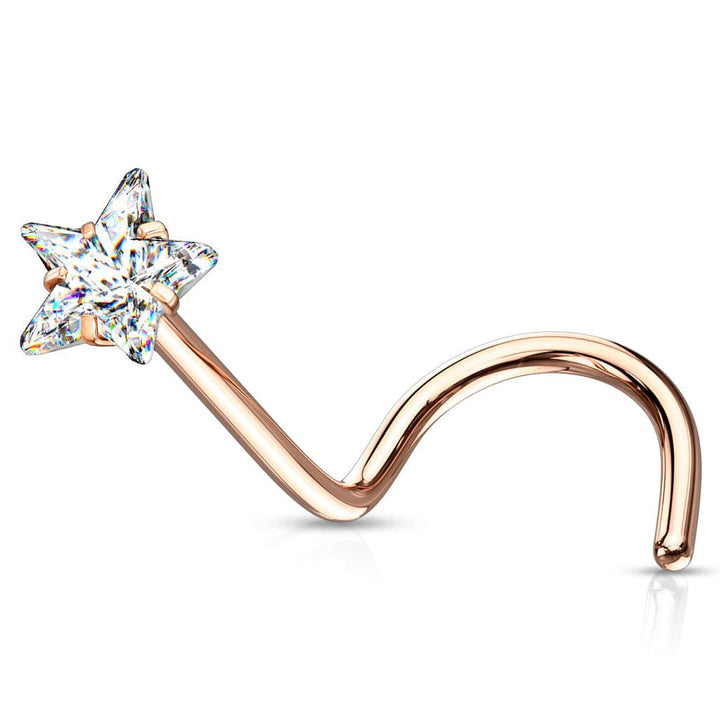 Rose Gold Plated Surgical Steel White CZ Star Corkscrew Nose Ring Stud - Pierced Universe