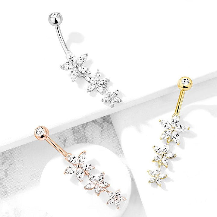 Rose Gold PVD Surgical Steel 3 White CZ Flower Dangle Belly Ring - Pierced Universe
