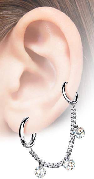 Rose Gold PVD Surgical Steel Chain Link Double Hoop Earring with White CZ Gem Dangle - Pierced Universe