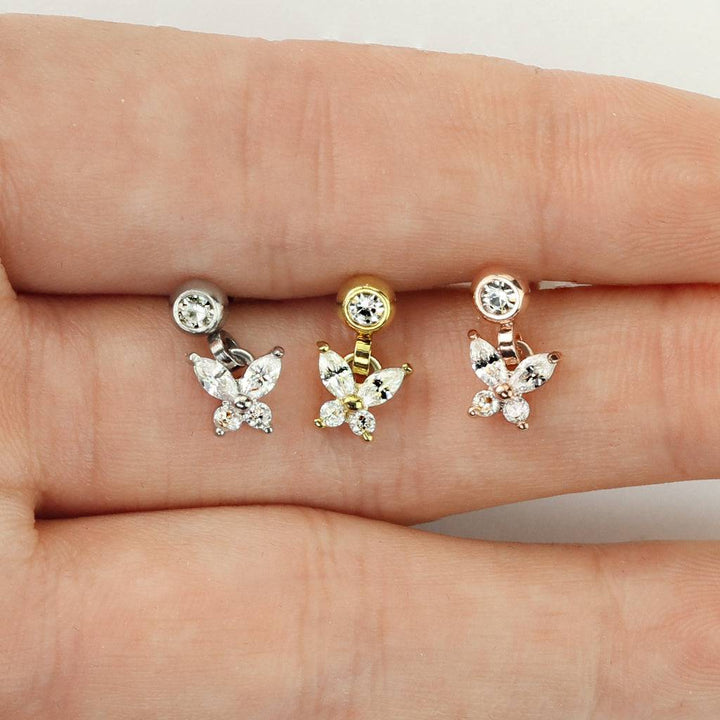 Rose Gold Surgical Steel White CZ Butterfly Dangle Cartilage Ring - Pierced Universe
