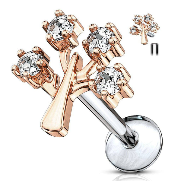 Rose Gold White CZ Tree Of Life Internally Threaded Labret - Pierced Universe