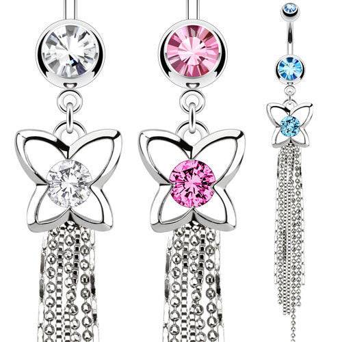 Surgical Steel Belly Button CZ Gem Butterfly Ring with Chandelier Chains Dangling Cluster Surgical Steel Belly Button CZ Gem Butterfly Ring with Chandelier Chains Dangling Cluster