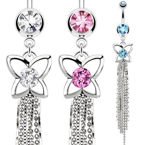 Surgical Steel Belly Button CZ Gem Butterfly Ring with Chandelier Chains Dangling Cluster - Pierced Universe
