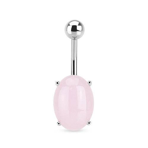 Surgical Steel Belly Button Navel Ring Bar with Pink Aventurine Semi Precious Oval Stone - Pierced Universe
